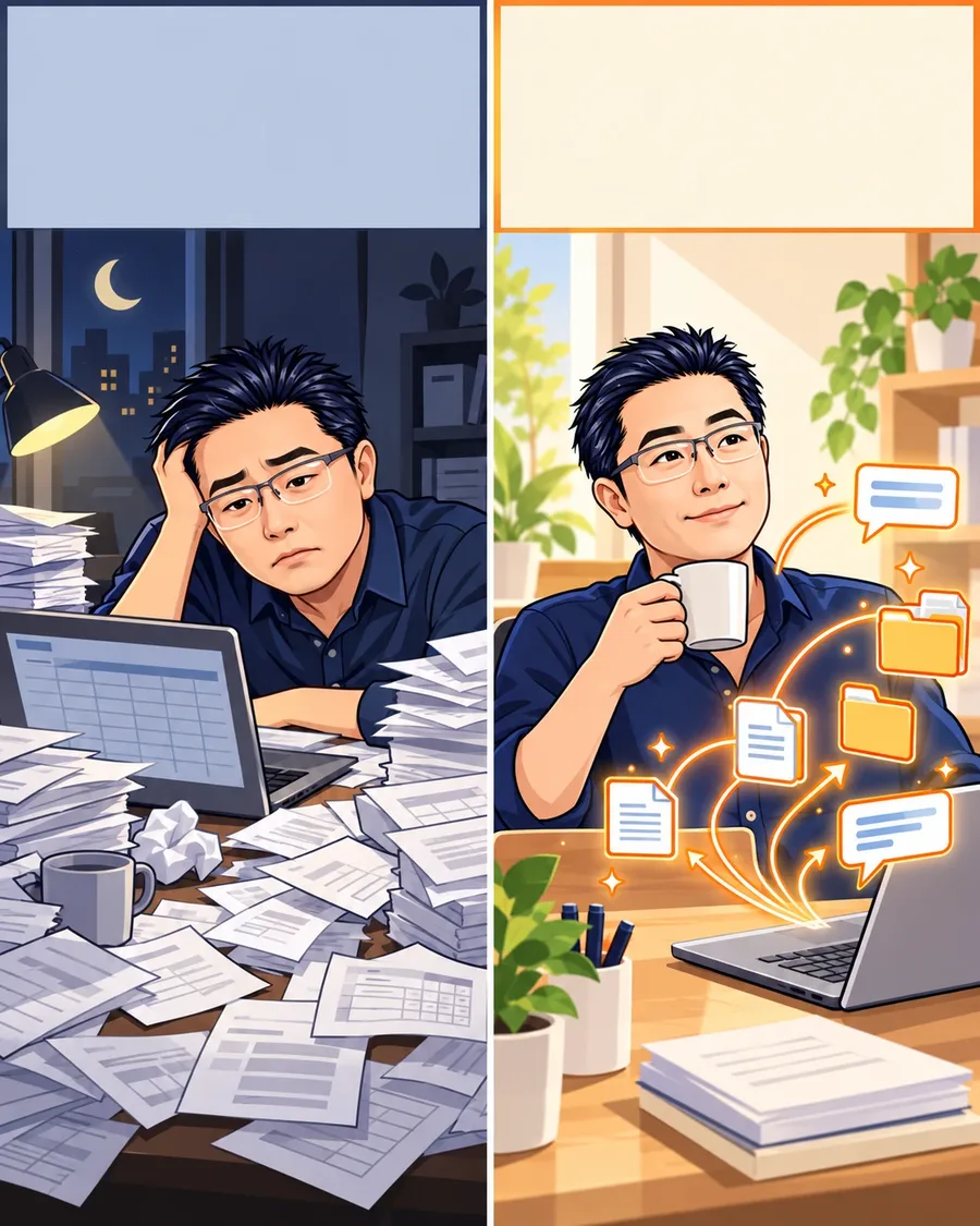 왼쪽은 밤늦게 서류 더미에 파묻힌 사장님, 오른쪽은 커피를 마시는 동안 노트북이 파일과 문자를 자동 정리하는 모습