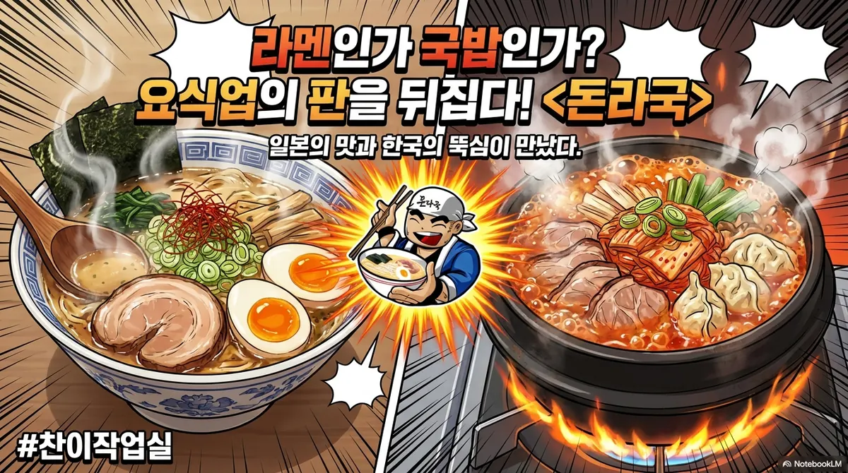 웹툰 표지: 라멘인가 국밥인가? 요식업의 판을 뒤집다 돈라국 — 일본의 맛과 한국의 뚝심이 만났다
