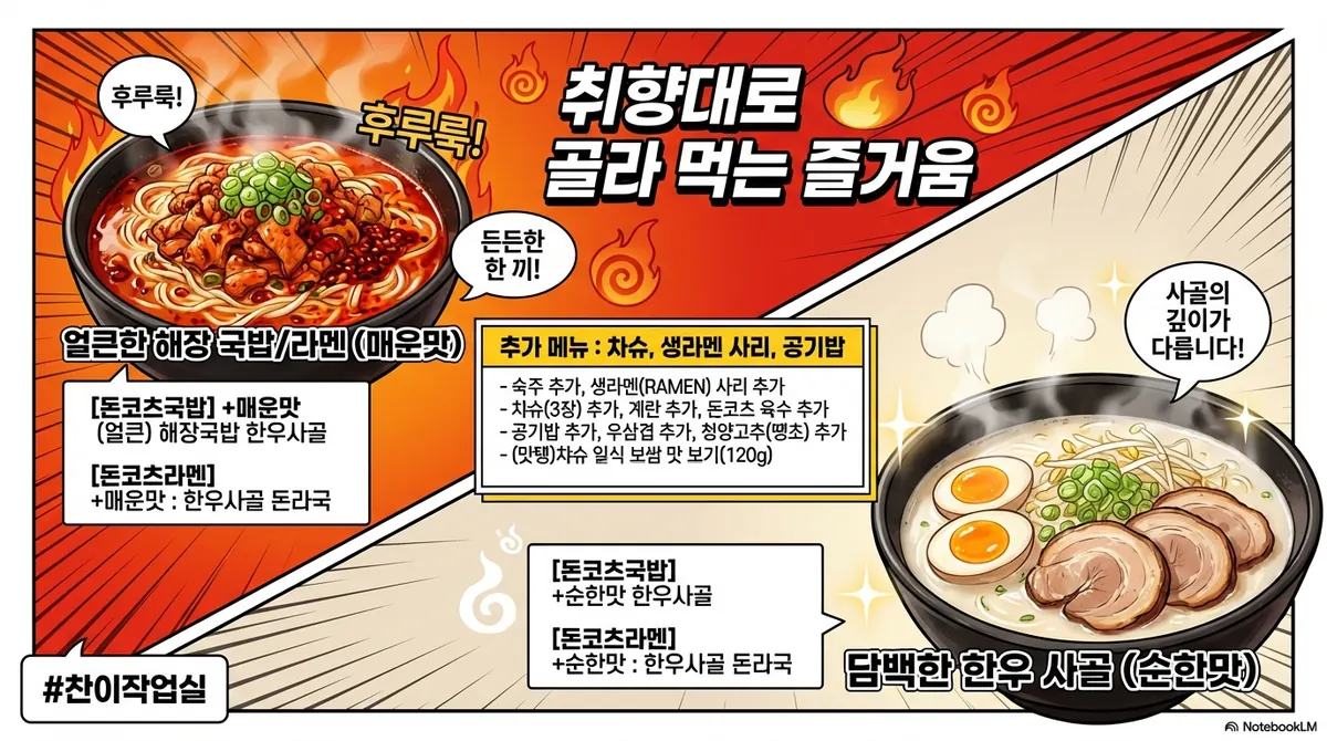 웹툰 메뉴판: 얼큰한 해장 국밥·라멘(매운맛)과 담백한 한우사골(순한맛), 추가 메뉴 차슈·생라멘 사리·공기밥