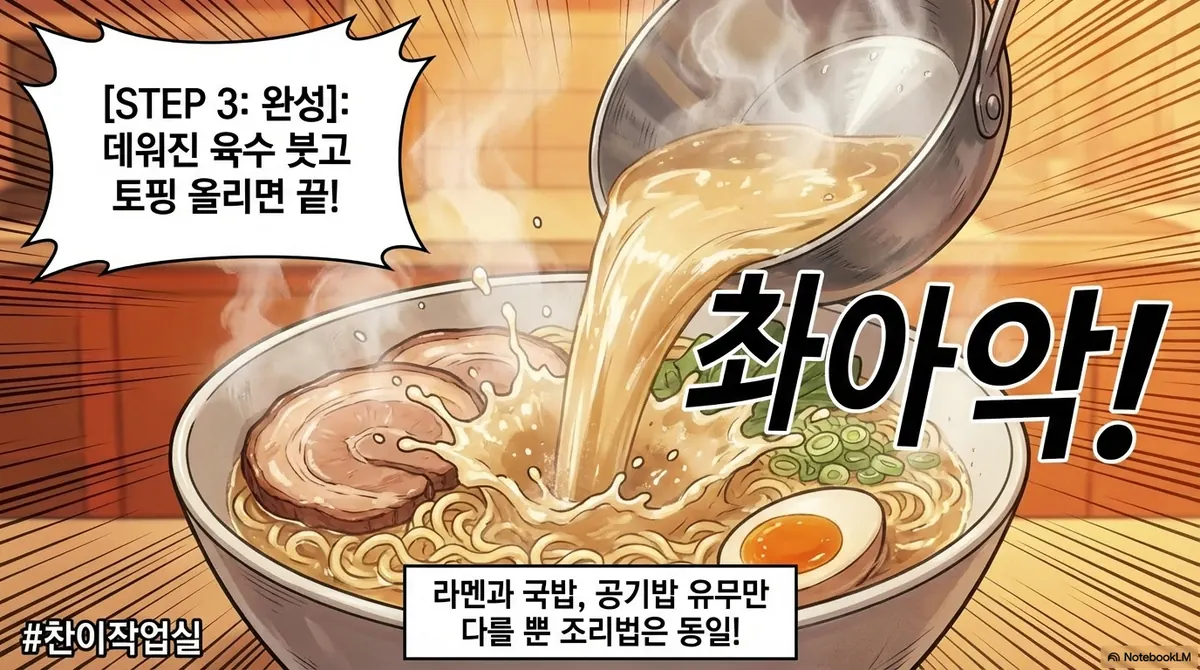 STEP 3 완성: 데워진 육수 붓고 토핑 올리면 끝. 라멘과 국밥은 공기밥 유무만 다르고 조리법은 동일