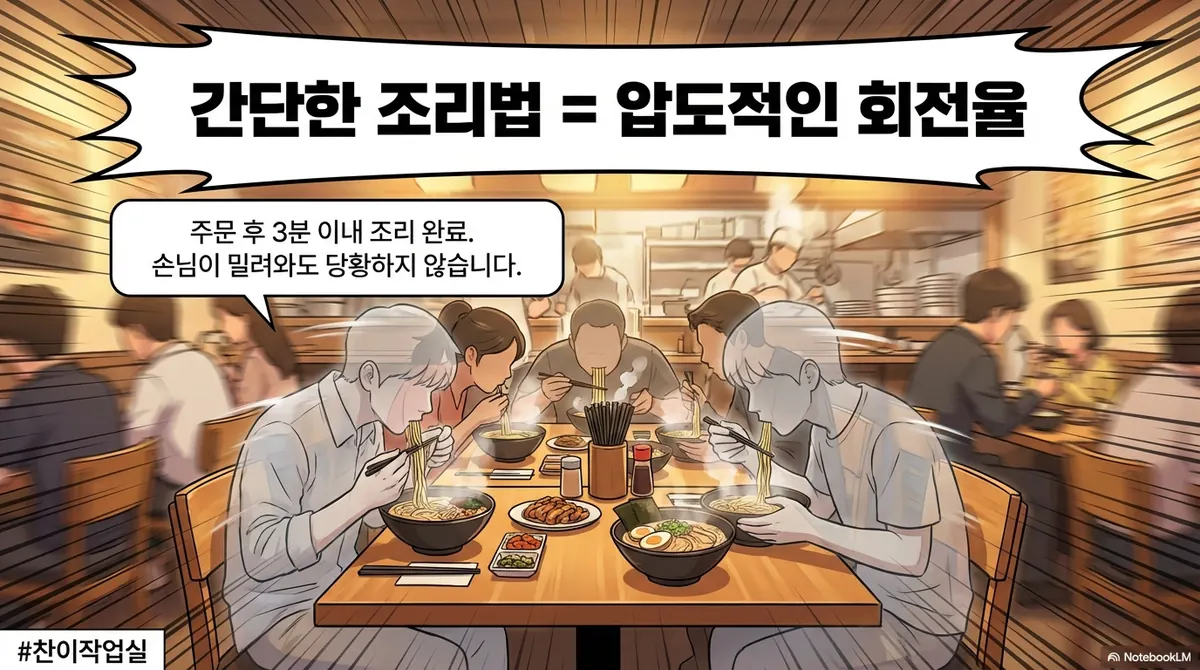 간단한 조리법은 압도적인 회전율: 주문 후 3분 이내 조리 완료